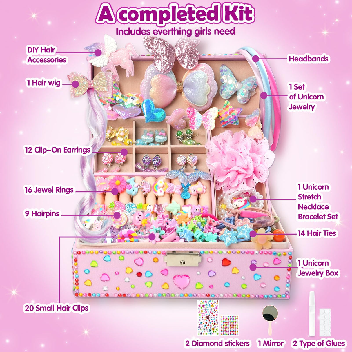 ZMLM DIY Unicorn Jewelry Box with Kids Jewelry Set,Headband Making Kit,Hair Accessories Set, Arts and Crafts for Kids, Gift for Ages 4-10 Year Old Girl, Best Birthday Gifts ZMLM