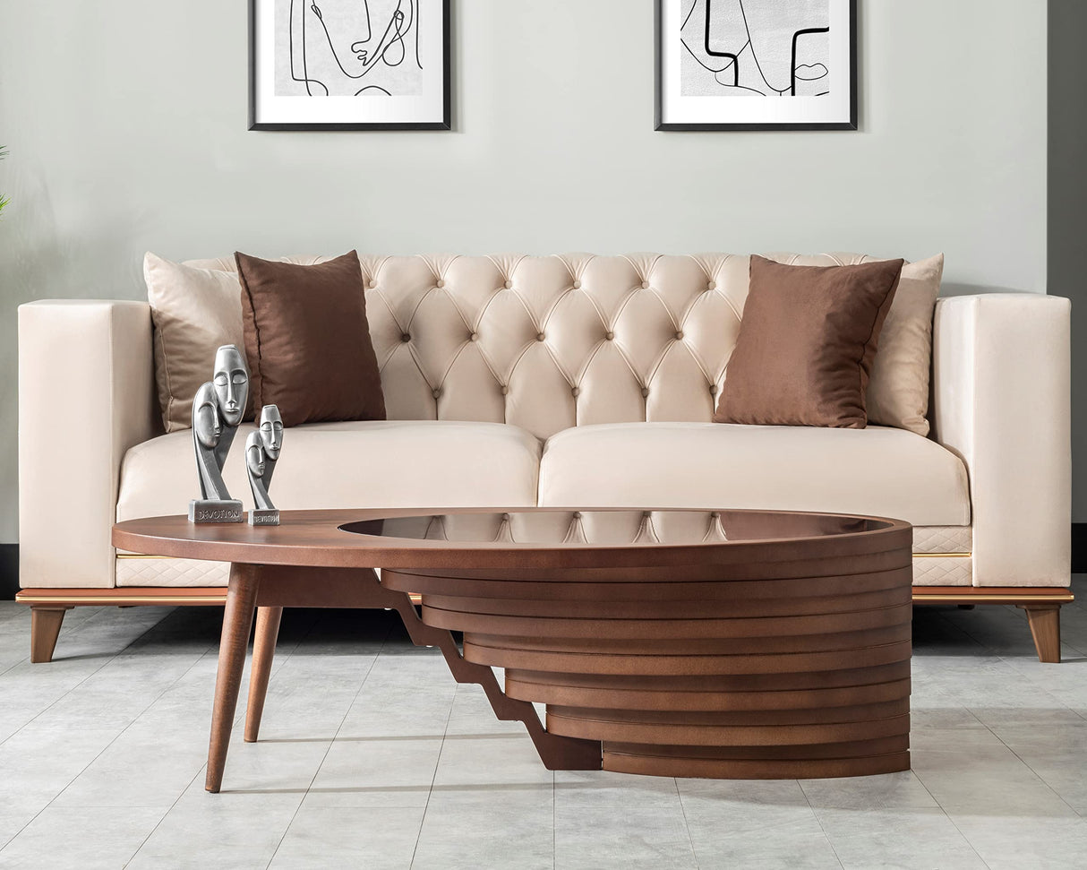 by Papella Design, Natural Walnut Veener Coffee Tables for Living Room, Rustic Table, Mesa De Centro para Sala, Center Table, Glass Table top, Walnut Color, (Drop) Papella modüler mobilya