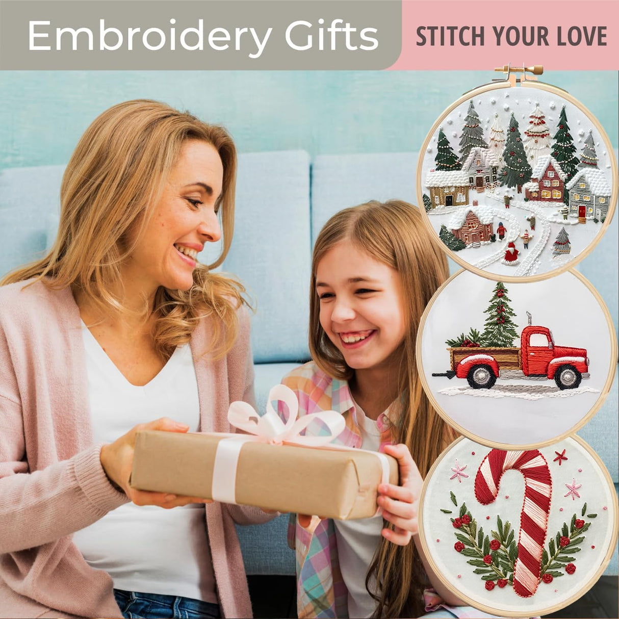 TINLOK Christmas Embroidery KIT,Adults Kids DIY Handmade,Hand Embroidery Starter Kits with Stamped Embroidery Pattern,for Christmas Embroidery Kits for Adults Beginners Starter (C) TINLOK