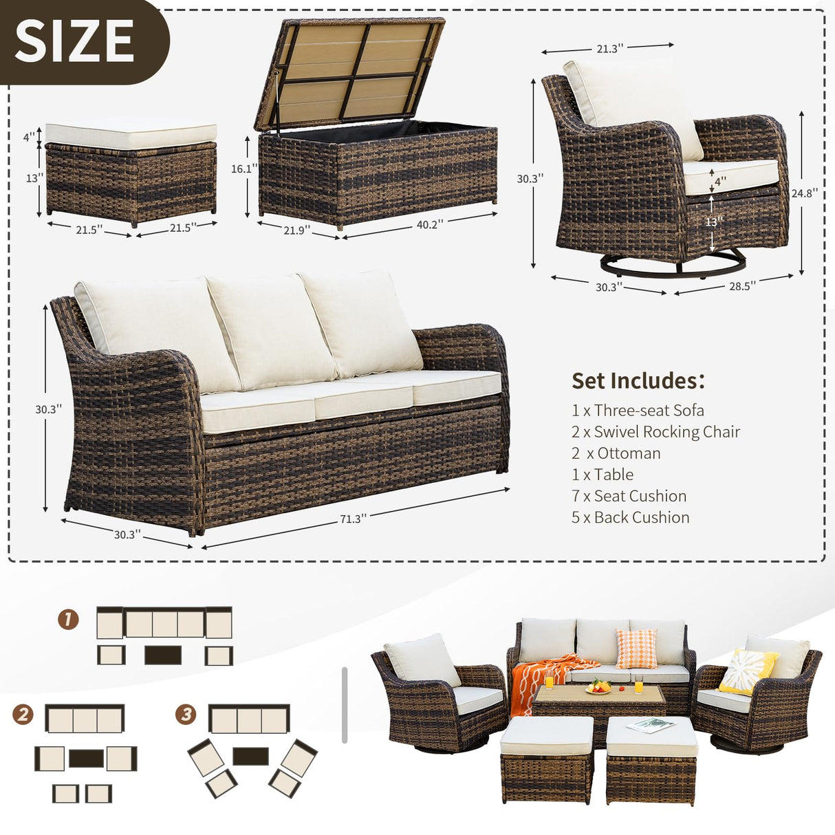 MEISSALIVVE 6 Pieces Outdoor Patio Furniture Set, Wicker Patio Conversation Set, Patio Sectional Furniture Set with 2 Swivel Rocker Patio Chair and Sofa, 2 Ottomans and Coffee Table (Brown) MEISSALIVVE