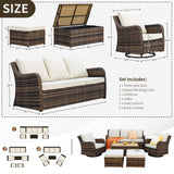 MEISSALIVVE 6 Pieces Outdoor Patio Furniture Set, Wicker Patio Conversation Set, Patio Sectional Furniture Set with 2 Swivel Rocker Patio Chair and Sofa, 2 Ottomans and Coffee Table (Brown) MEISSALIVVE