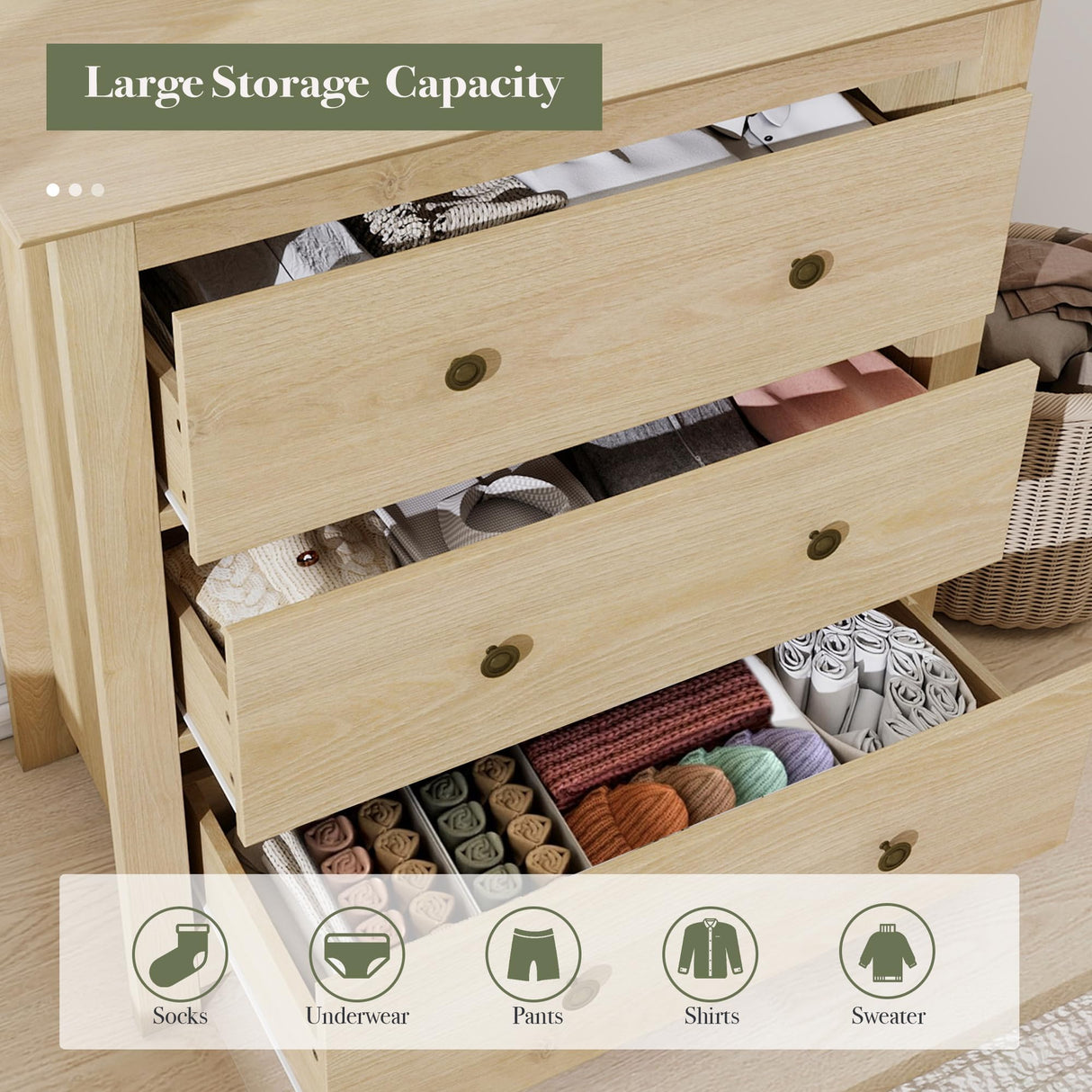 CHYMSUN Oversized 3 Drawer Dresser for Bedroom, Mid Century Modern Wooden Dressers Chest of Drawers with Handles, Waveform Nightstand Dresser, Storage Organizer for Bedroom, Living Room, Wood CHYMSUN