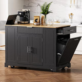 Ball & Cast Fluted Kitchen Island with Trash Can Storage Cabinet,Power Outlet,Internal Storage Rack,Rolling Kitchen Islands On 5 Wheels W/3 Drawers & 3 Open Side Racks for 10 Gallon Garbage Bin,Black Ball & Cast