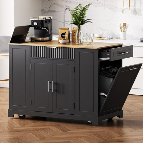 Ball & Cast Fluted Kitchen Island with Trash Can Storage Cabinet,Power Outlet,Internal Storage Rack,Rolling Kitchen Islands On 5 Wheels W/3 Drawers & 3 Open Side Racks for 10 Gallon Garbage Bin,Black Ball & Cast