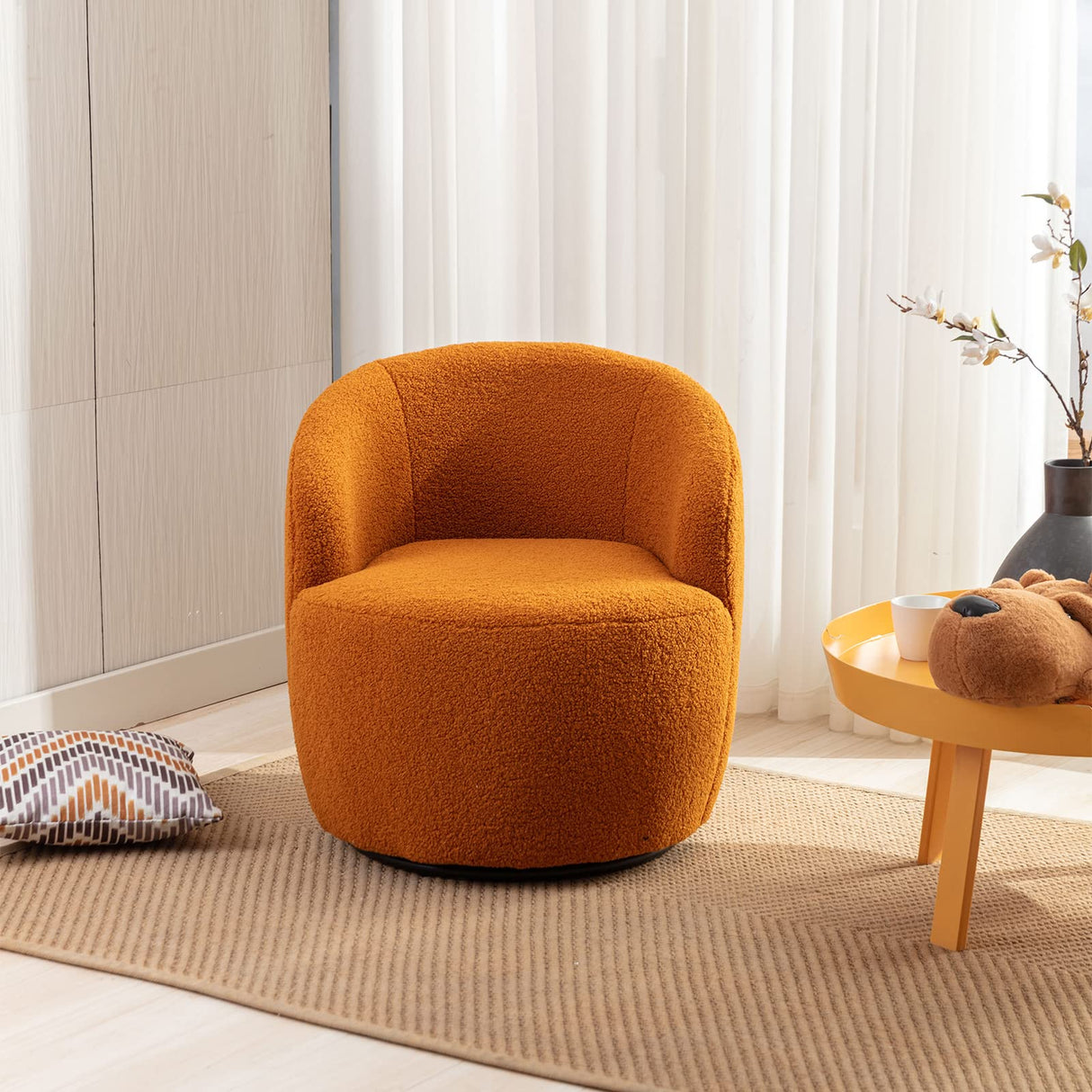 KIVENJAJA Swivel Barrel Chair, Teddy Sherpa Upholstered Modern Round Accent Arm Chairs, 360 Degree Swivel Small Single Sofa Armchair for Nursery Living Room Bedroom (Teddy, Orange) KIVENJAJA
