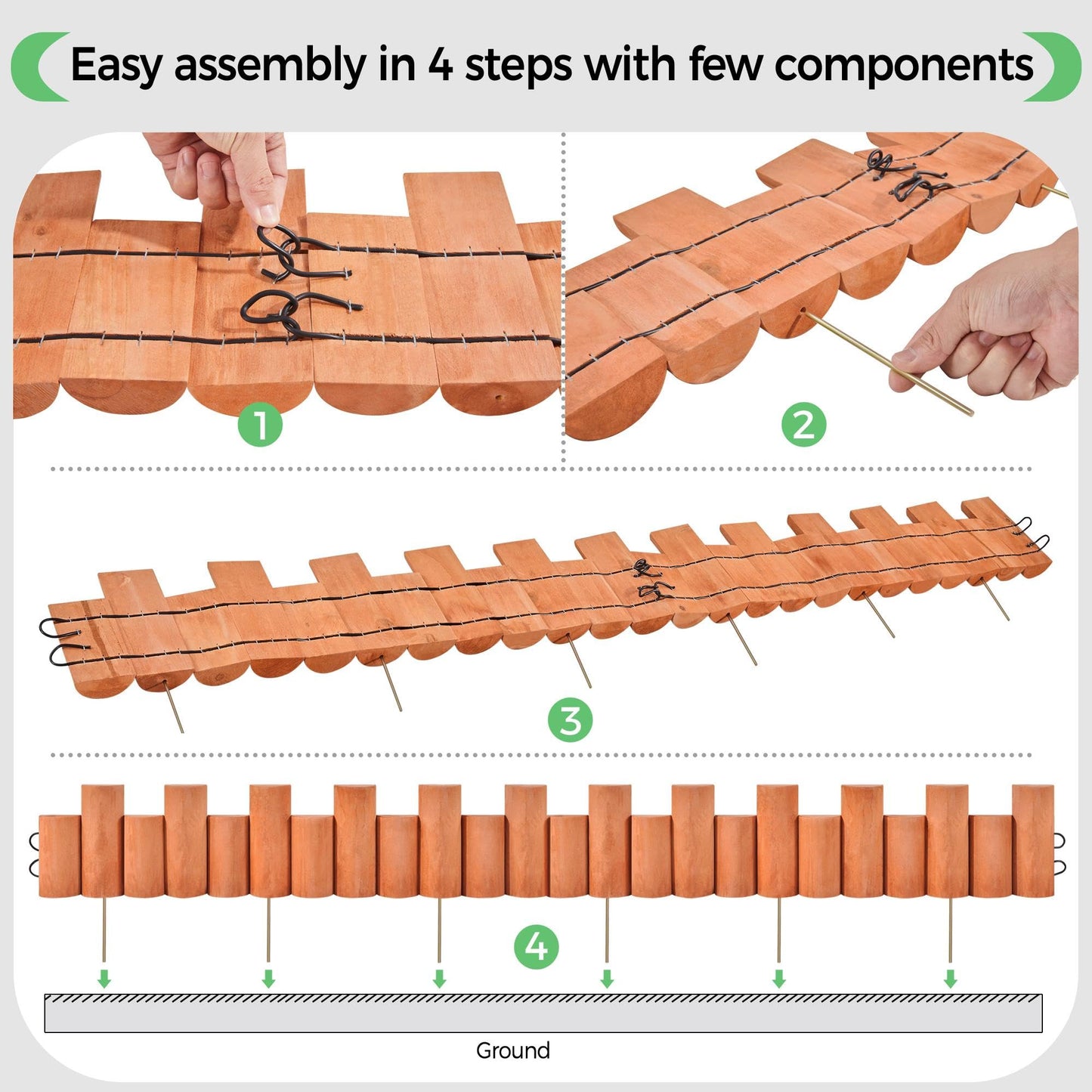 Yaheetech 18pcs Garden Wooden Short Fence,Outdoor Landscape Edging Flexible Decorative Border, No-Dig Wood Fences for Spring Yard Patio Pathway Lawns Courtyard Maintenance - 594in