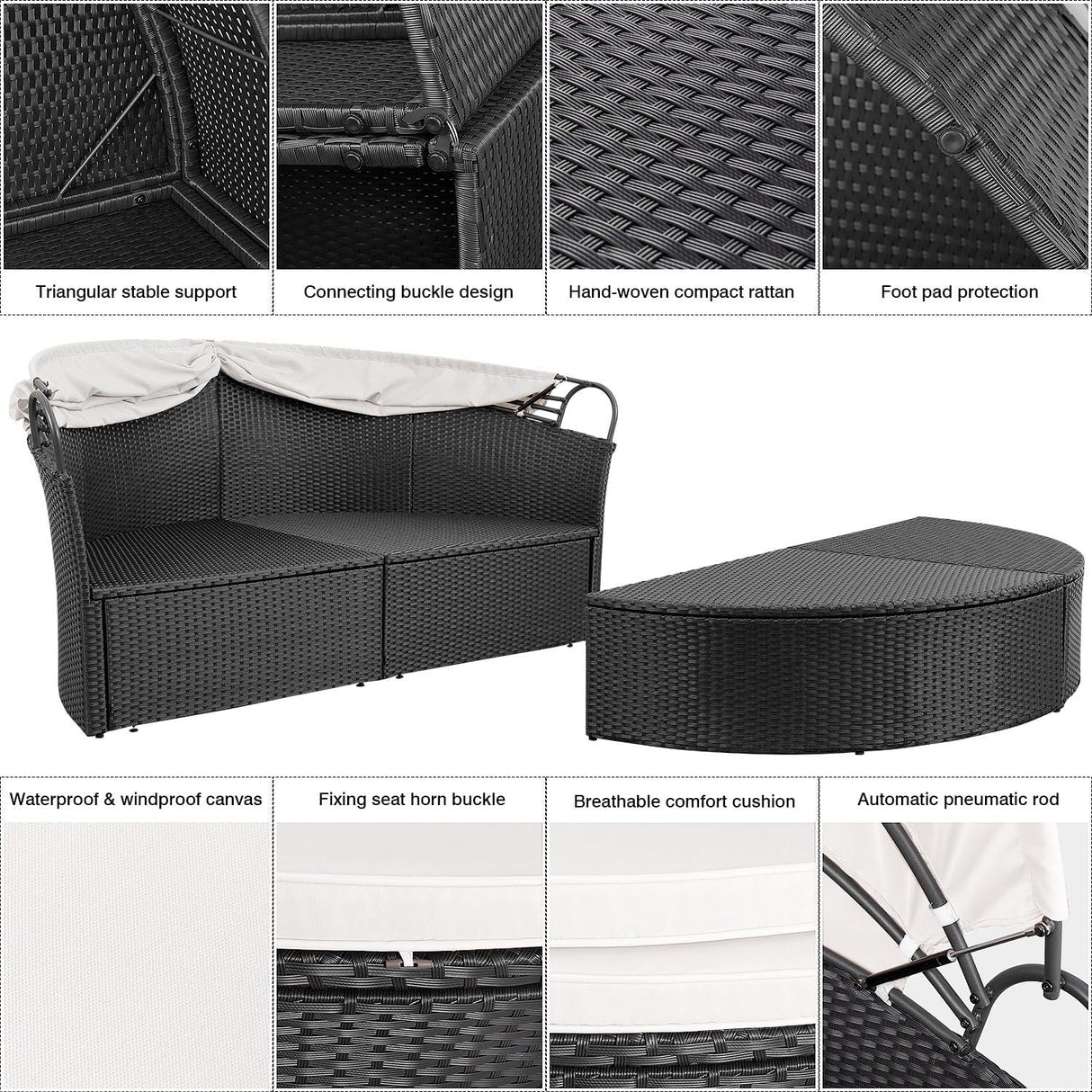 Devoko Patio Furniture Outdoor Round Daybed with Retractable Canopy Wicker Rattan Separated Seating Sectional Sofa for Patio Lawn Garden Backyard Porch Devoko