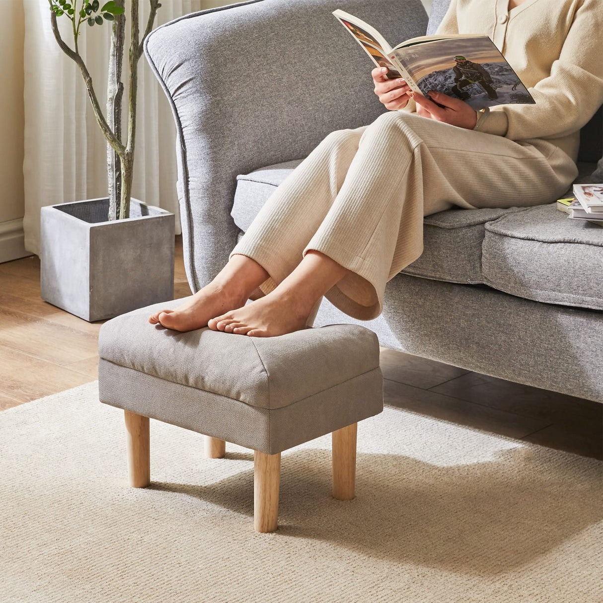 YMYNY 15.75" Small Footstool Ottoman, Footrest with Sponge Padded Seat, Step Stool for Sofa, Bedroom, Living Room, Entryway, Modern Change Shoes Stool, Wood Legs, Gray, UHBD023G YMYNY