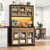 FINETONES 71" Pantry Cabinet with LED Light and Charging Station, Storage Cabinet with Microwave Stand, Kitchen Pantry Hutch Cupboard with Doors and Shelves, Black/Brown FINETONES