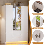 PAKASEPT 4 Doors Armoire Wardrobe Closet with Led Light & Mirror, Bedroom Large Capacity Freestanding Armoire Wardrobe with Drawers, Storage Cabinet with Hanging Rod Storage Closet for Bedroom PAKASEPT