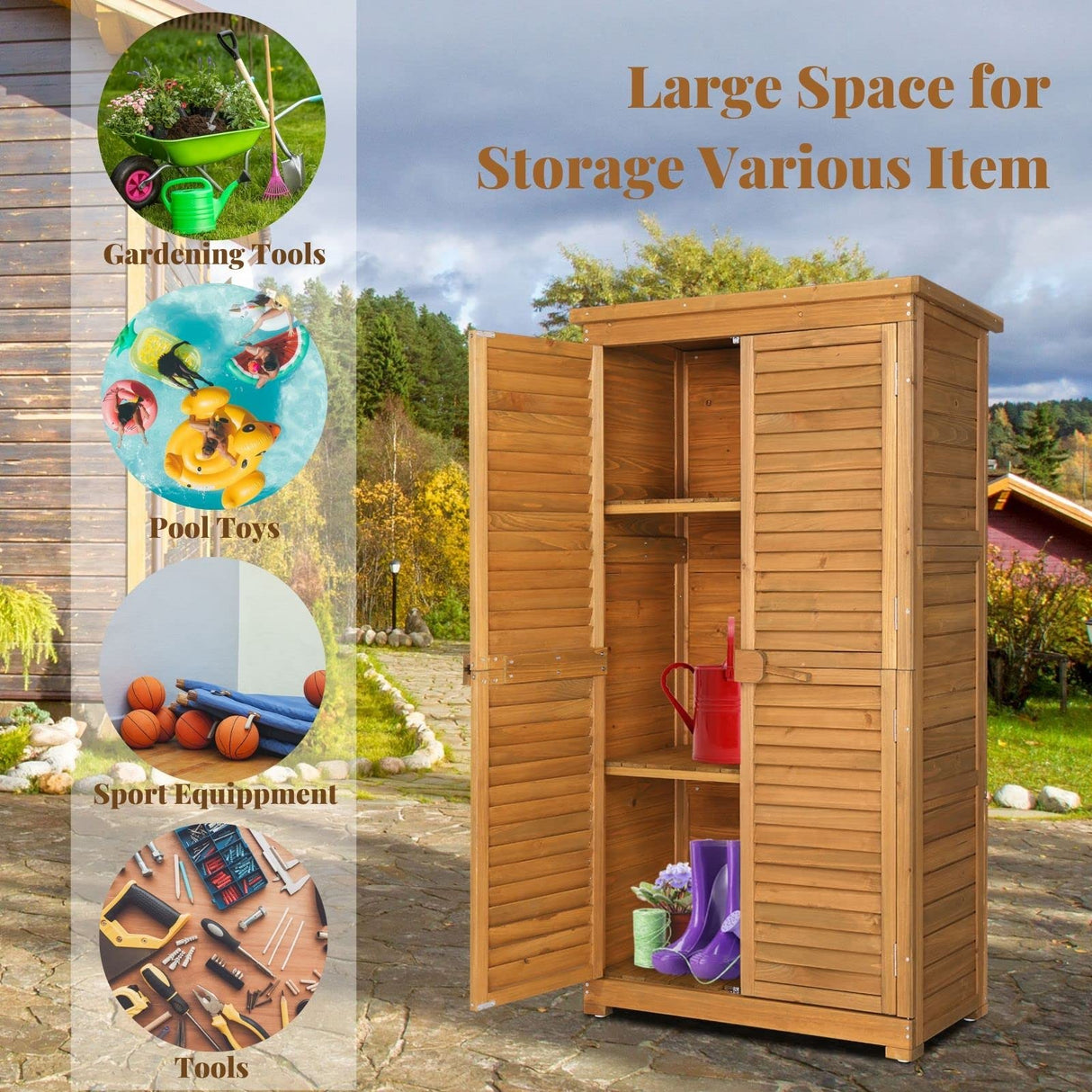 Outvita Outdoor Storage Cabinet, 63in Wooden Garden Tools Shed with 2 Lockable Doors, 3 Adjustable Shelves, Waterproof Roof for Yard Garge Patio Deck Porch, Natural Outvita
