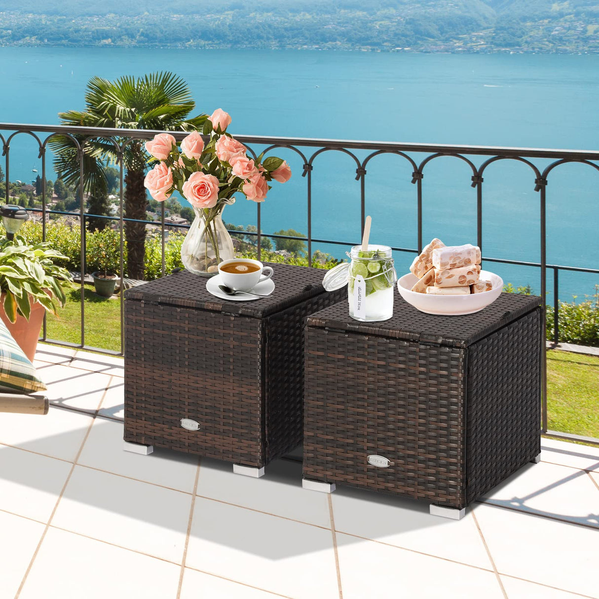 Tangkula 2 Pieces Patio Ottomans, Patiojoy Hand-Woven PE Rattan Side Table with Removable Cushion & Hidden Storage Space, Multifunctional Storage Box, Seats for Patio, Backyard, Poolside (Grey) Tangkula