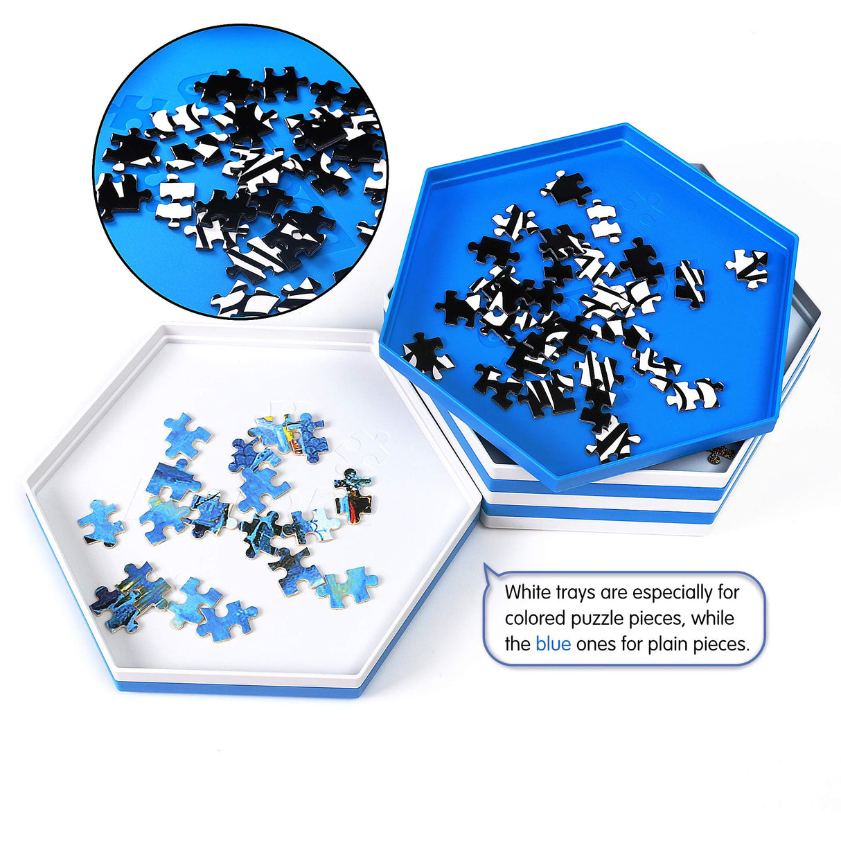 Becko US Stackable Puzzle Sorting Trays Jigsaw Puzzle Sorters with Lid Puzzle Accessory for Puzzles Up to 1500 Pieces, 8 Hexagonal Trays in White & Blue Becko US
