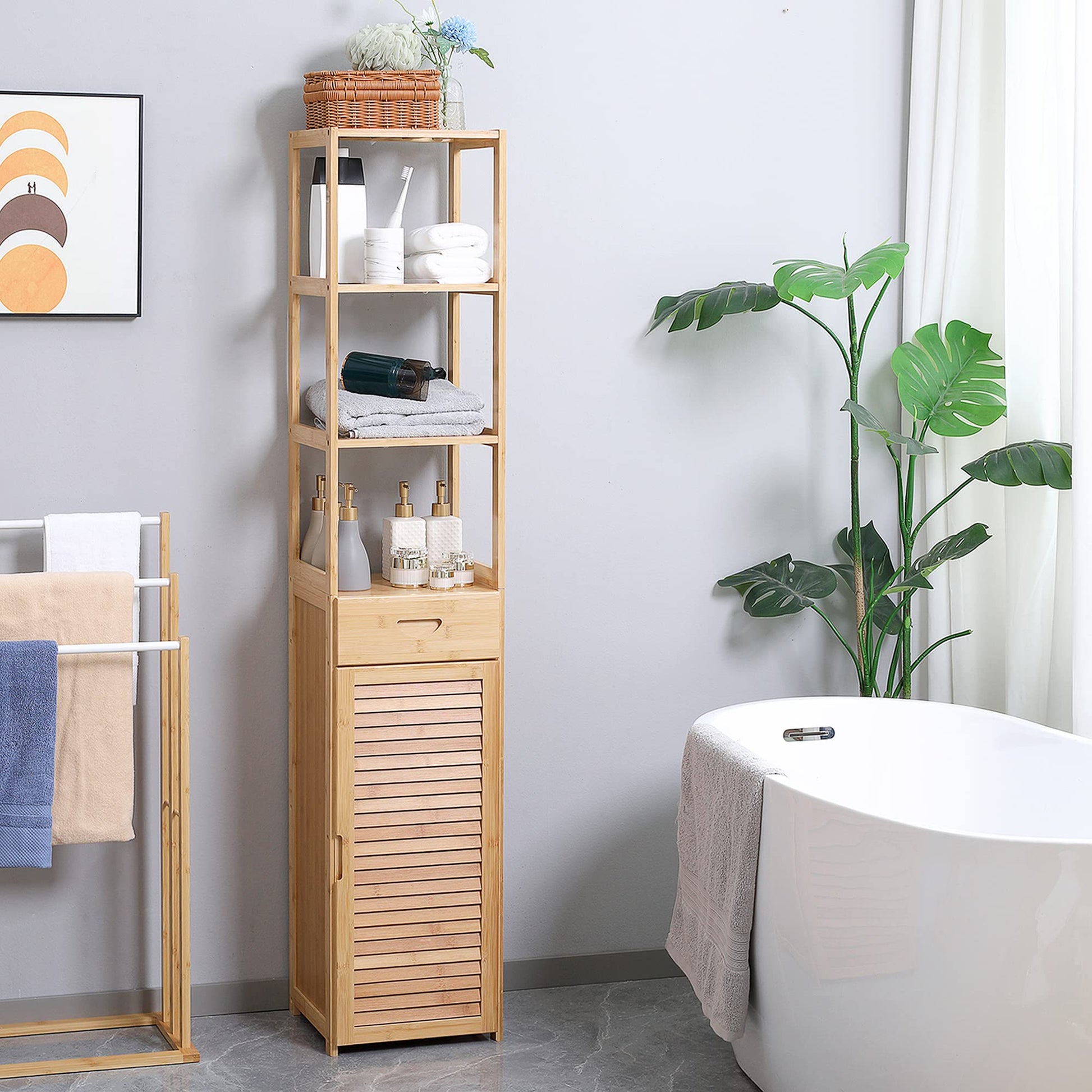 kleankin Tall Bathroom Cabinet with Drawer and Slatted Shelves, Slim Bamboo Linen Tower with Louvered Door, Natural - WoodArtSupply