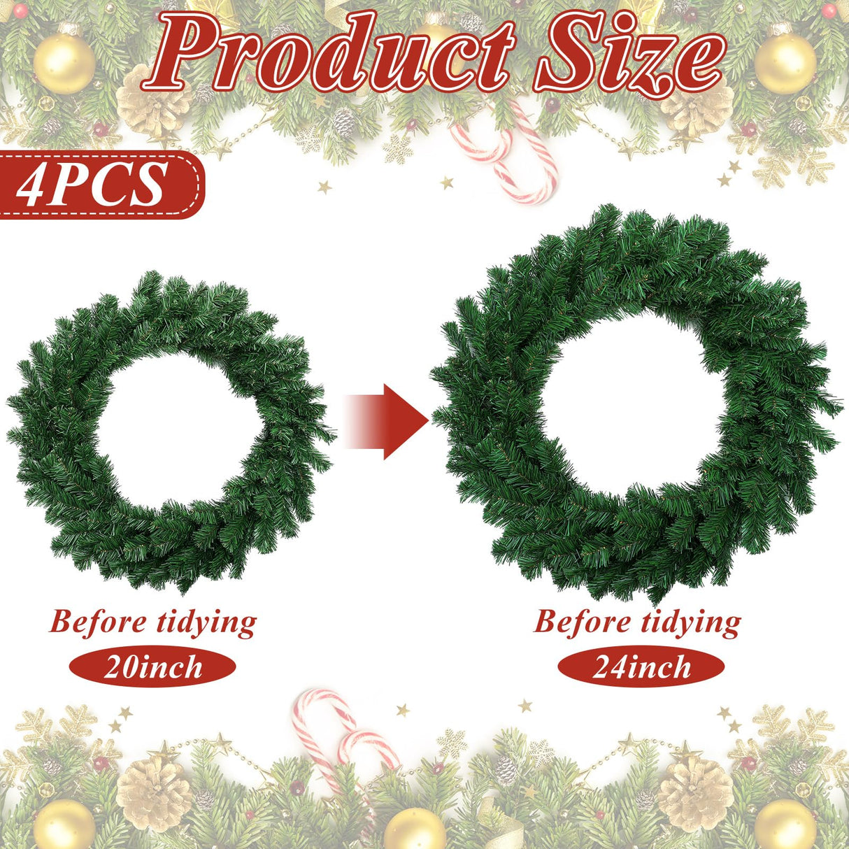 Hotop 4 Pcs Artificial Christmas Wreath for Front Door Christmas Green Farmhouse Wreath DIY Faux Plain Wreaths for Decorating Window Room Christmas Party Decor (24 Inches) Hotop