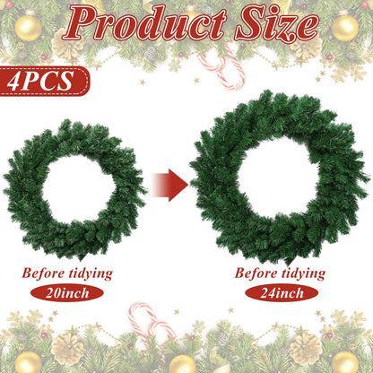 Hotop 4 Pcs Artificial Christmas Wreath for Front Door Christmas Green Farmhouse Wreath DIY Faux Plain Wreaths for Decorating Window Room Christmas Party Decor (24 Inches)