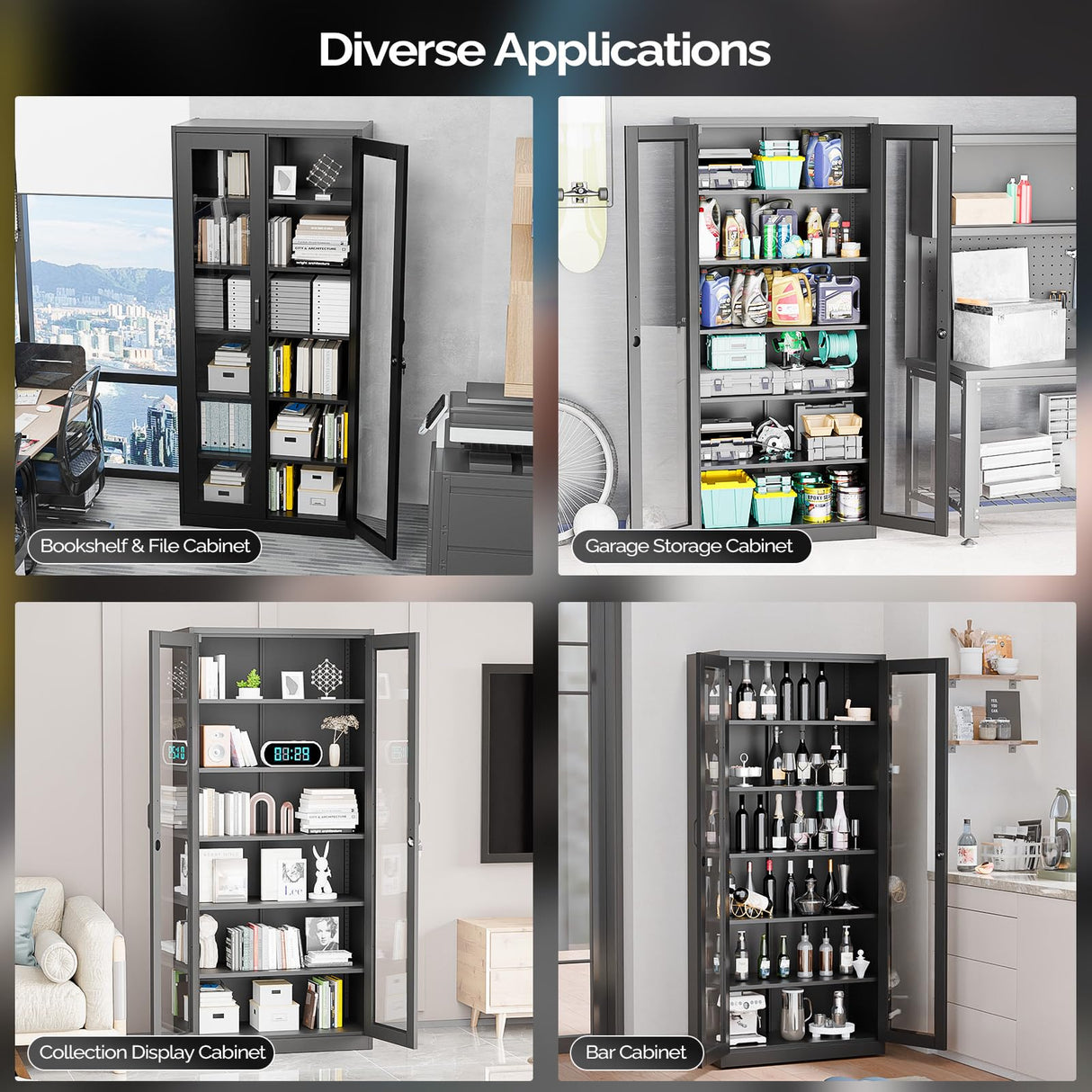 VINGLI Lockable Display Cabinet with Glass Doors & 5 Adjustable Shelves, 71" Tall Black Metal Storage Cabinet, Curio Cabinet Bookshelf Bookcase Liquor Cabinet for Home Office Living Room Pantry Garage VINGLI