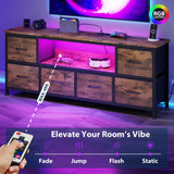 Lulive TV Stand for Bedroom, LED Rustic Brown Dresser for Living Room with 6 Fabric Drawers, 43 55in TV Stand with Power Outlet, Entertainment Center with Open Shelf Lulive