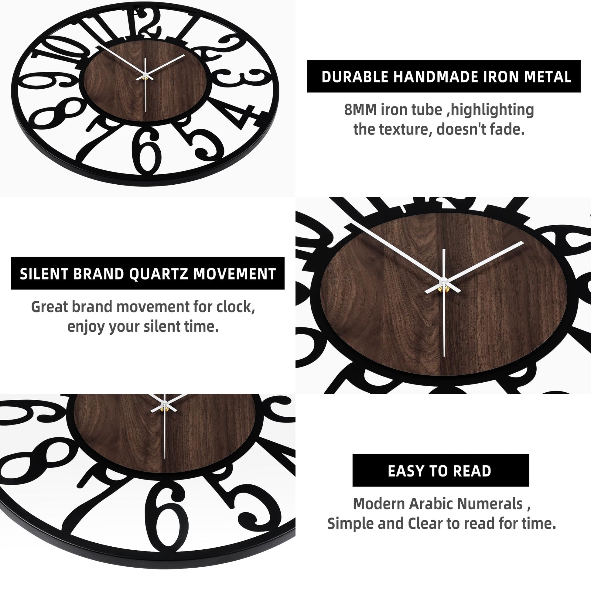 Wall Clock for Living Room Decor- Decorative Antique 16 inches or Larger Silent Non Ticking Black Metal Wood Clocks for Farmhouse,Dining Room,Bedroom,Kitchen,Home Battery Operated Clock Wall  - WoodArtSupply