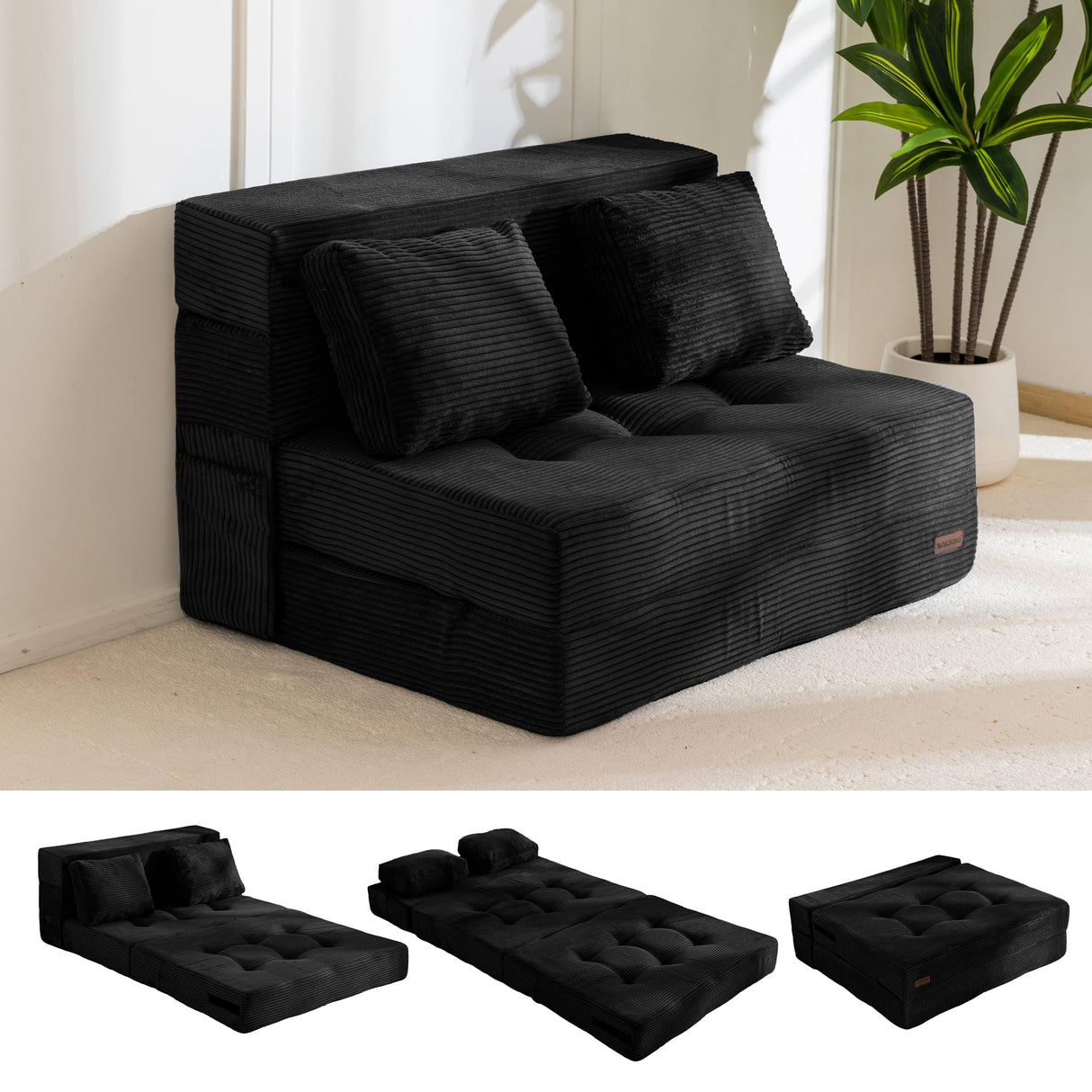 MAXYOYO Convertible Sofa Bed, Fold Out Loveseat Sleeper Sofa with Pillow, 4 in 1 Tufted Folding Couch Bed Foam Floor Couch, Lazy Chair for Living Room Bedroom Guest Room, Black MAXYOYO