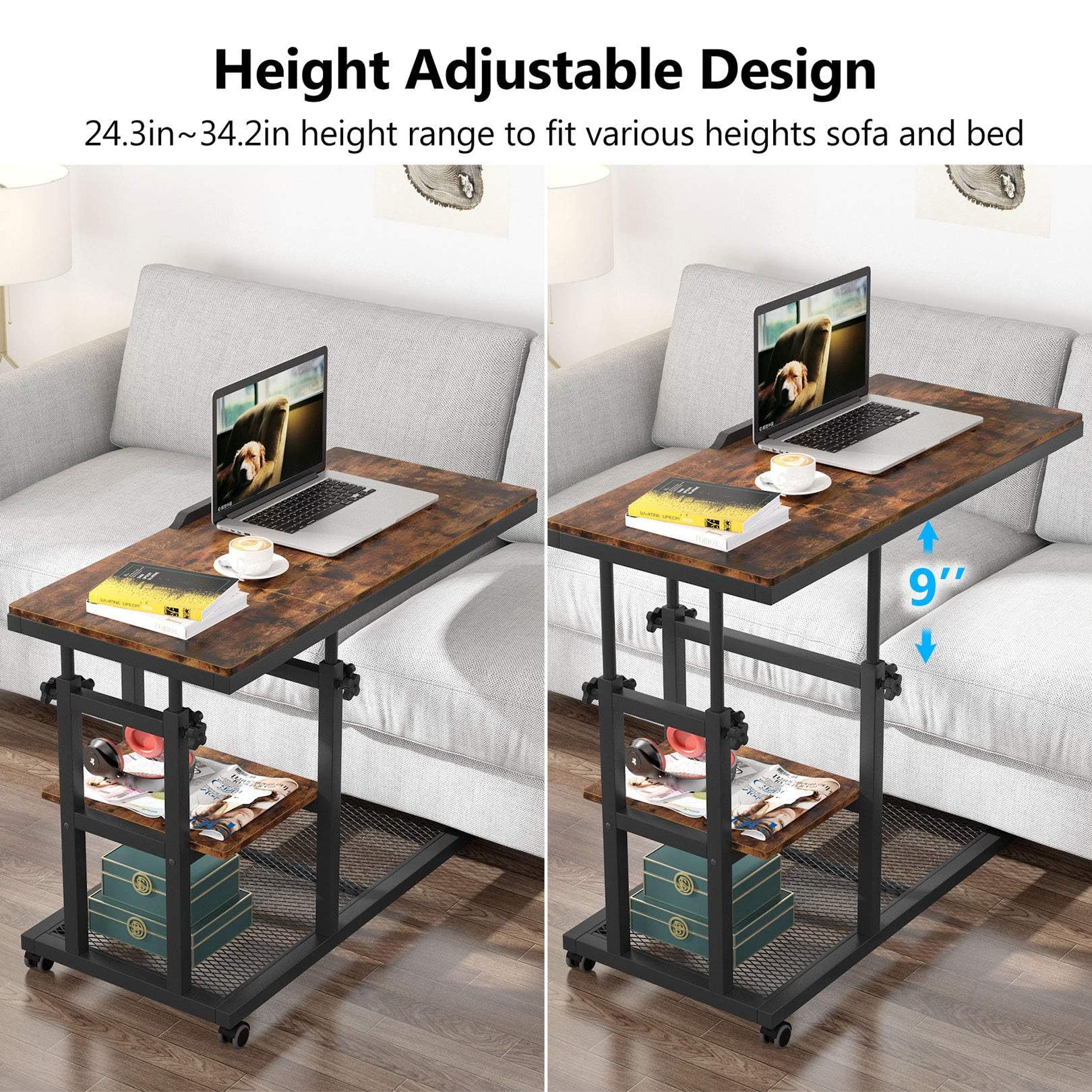 Tribesigns Height Adjustable C Table with Wheels, Mobile Couch Snack Side Table with Tiltable Drawing Board, Sofa Bedside Laptop Stand C Shaped TV Tray with Storage Shelves (Brown) - WoodArtSupply