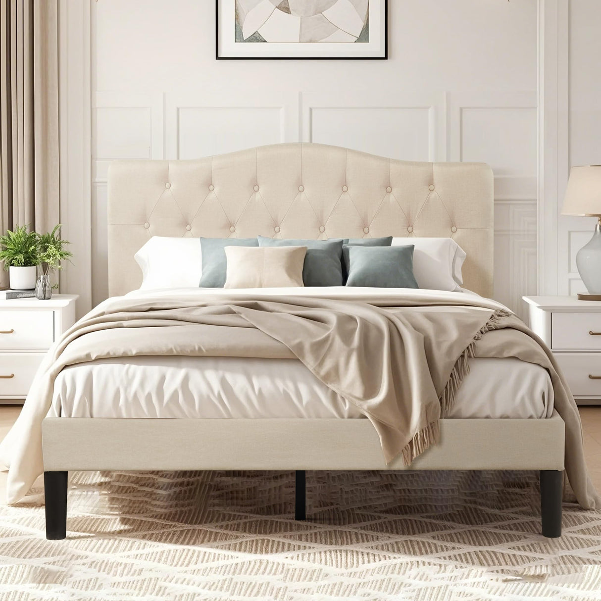 VECELO Queen Size Platform Bed Frame with Fabric Upholstered Headboard and Wooden Slats Support, No Box Spring Needed/Easy Assembly,Beige VECELO