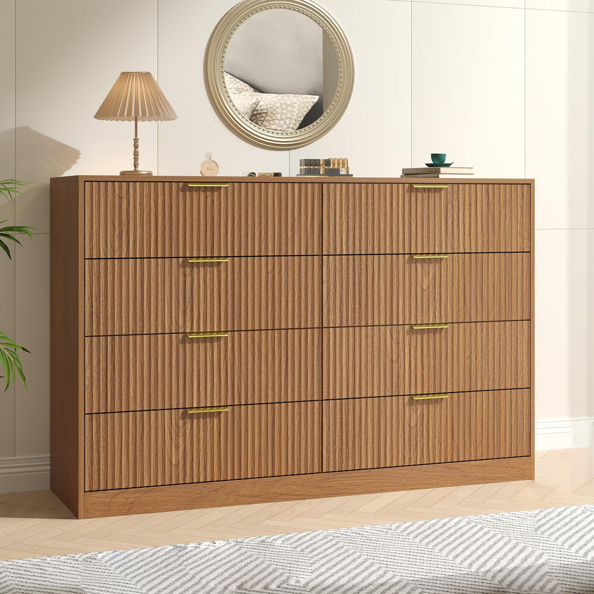 NOVAMAISON Fluted Dresser for Bedroom with 8 Drawer, 55” Wide Wooden Dresser Mid Century Chest of Drawers w/Gold Handle, Fluted Dressers TV Stand Closet Storage Organizer for Living Room, Natural Oak NOVAMAISON