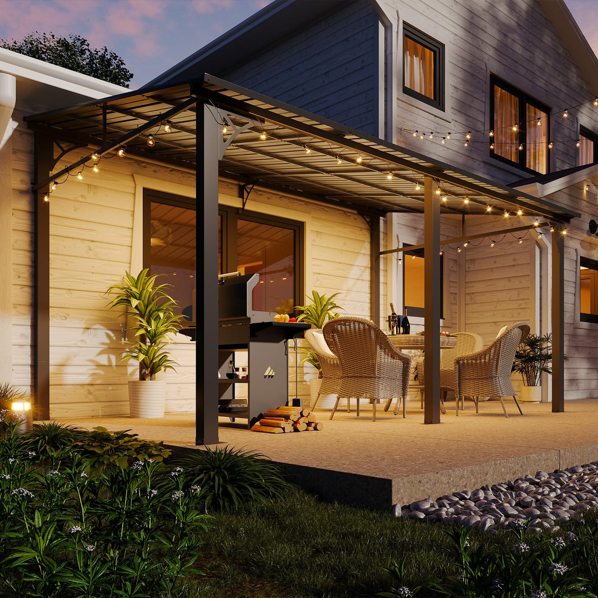 Aoxun 10' x 14' Lean to Gazebo, Upgraded Hardtop Outdoor Pergola with Sloping Galvanized Steel Roof, Large Wall-Mounted Heavy Duty Awnings for Patio, Backyard, Deck, Porch (Black) Aoxun