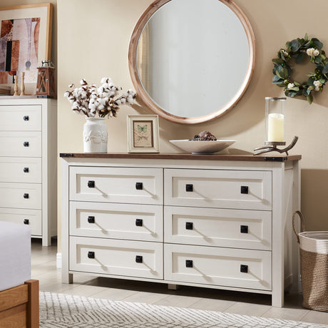 T4TREAM Farmhouse 6 Drawers Dresser Chests for Bedroom, Wood Rustic Wide Chset of Drawers,Storage Dressers Organizer for Bedroom, Living Room,Hallway, Antique White T4TREAM