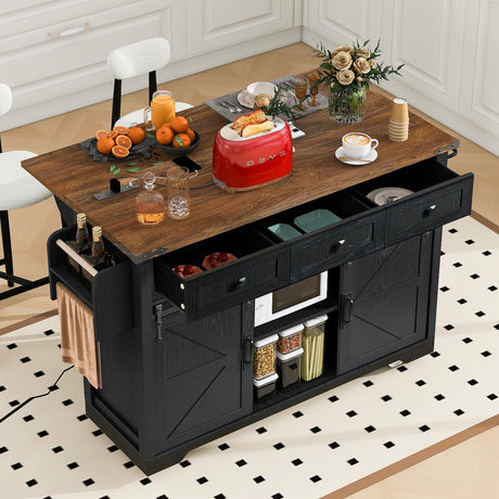 53.8" Farmhouse Kitchen Island on Wheels with Power Outlet, 2 Sliding Barn Door Kitchen Storage Island with Drop Leaf, Spice & Towel Rack, 3 Drawers Rolling Kitchen Cart for Kitchen Dining Room, Black BAOMKONG