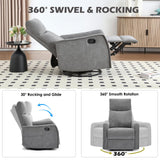 Trustyue Manual Recliner Chair, 360° Swivel Rocker Recliner with Heat and Massage for Small Space, Upholstered Fabric Glider Rocking Chair Nursery Chair with Side Pockets for Living Room, Grey Trustyue