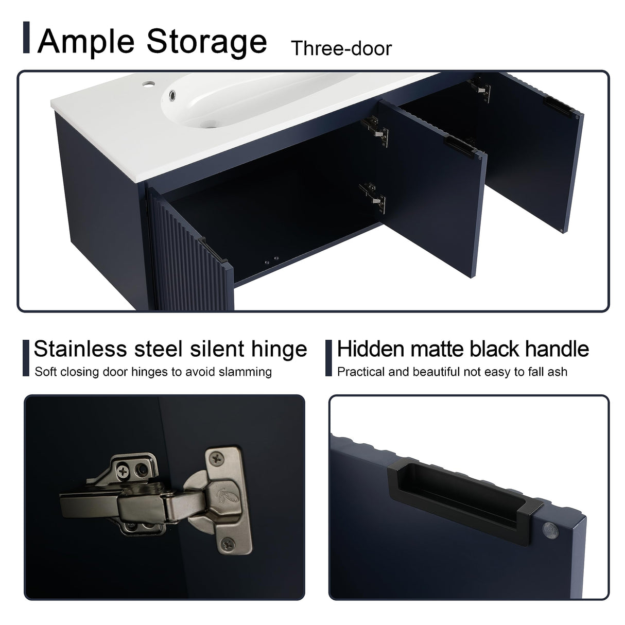 Malwee 48 Inch Floating Bathroom Vanity with Sink, 48'' Single Sink Wall Mounted Bathroom Vanity, with 3 Doors and White Waterdrop Gel Coat Basin (058-48 * 18, NBL) Malwee