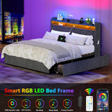 King Size Bed Frame and 2-Tier Headboard, Upholstered Led Bed Frame with 4 Storage Drawers, Led Light and Charging Station, Wooden Slats Support, No Box Spring Needed, NO Noise, Easy Assembly EasyCom