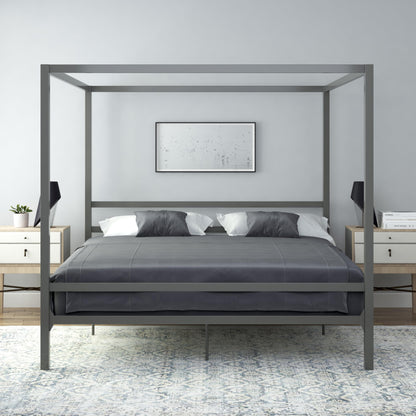 DHP King Metal Canopy Bed, Modern Design with Built-In Headboard, Sturdy Frame, No Box Spring Needed, Gunmetal Gray