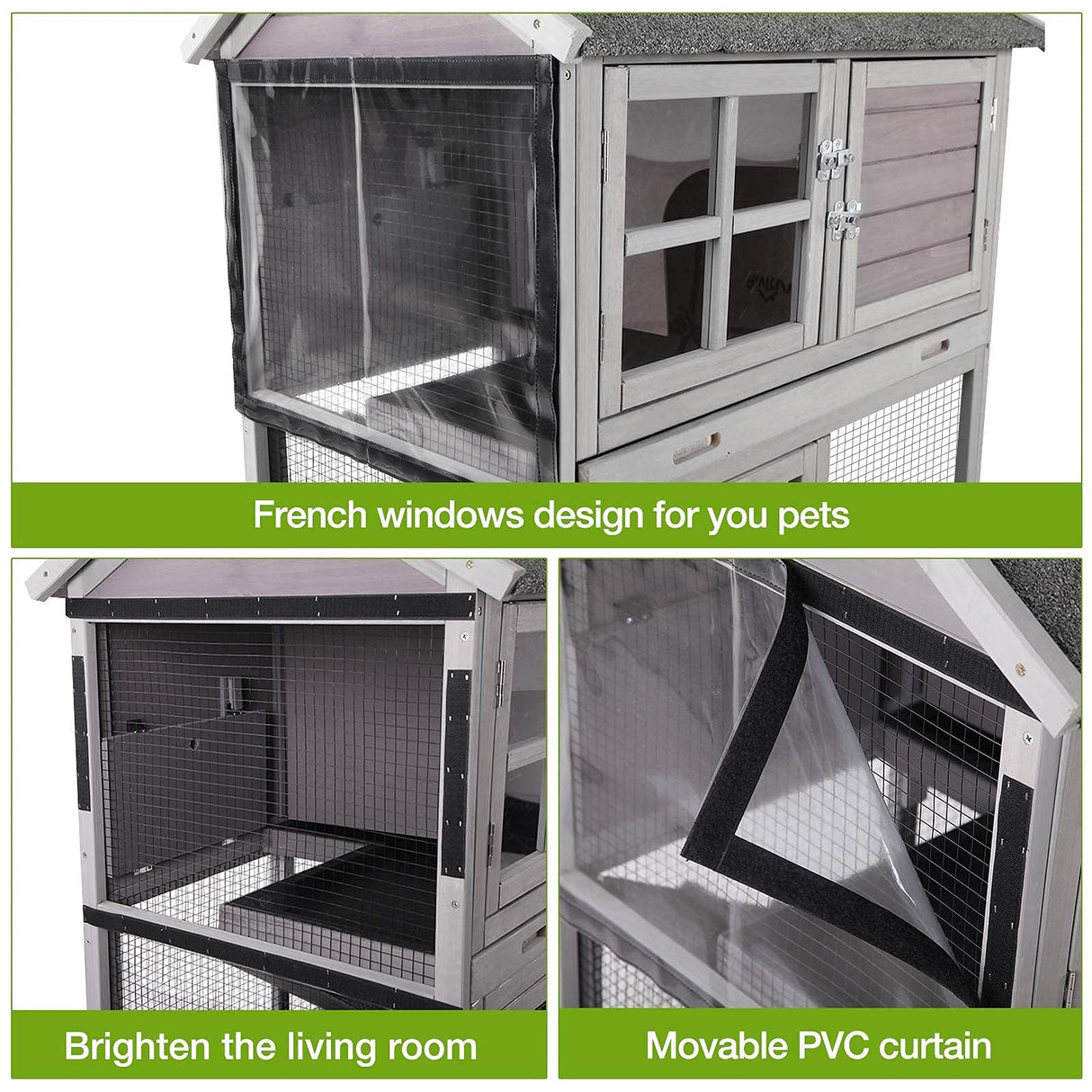 Rabbit Hutch Indoor Outdoor Bunny Cage Rabbit House with Movable Wire Netting, Guinea Pig Habitat On Wheels,Pull Out Leak Proof Tray L38.6 x D25.6 x H44.2 GUTINNEEN