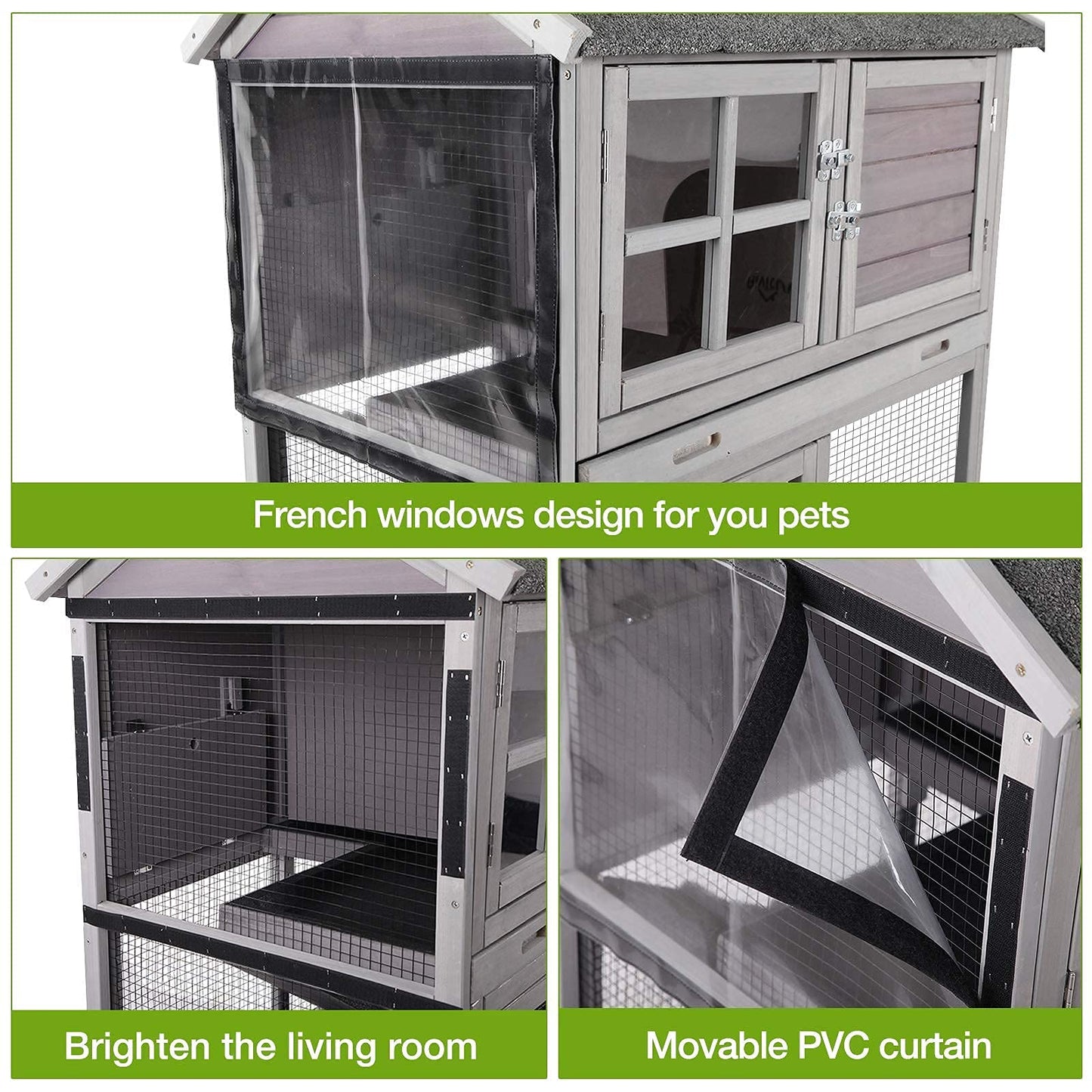 Rabbit Hutch Indoor Outdoor Bunny Cage Rabbit House with Movable Wire Netting, Guinea Pig Habitat On Wheels,Pull Out Leak Proof Tray L38.6 x D25.6 x H44.2