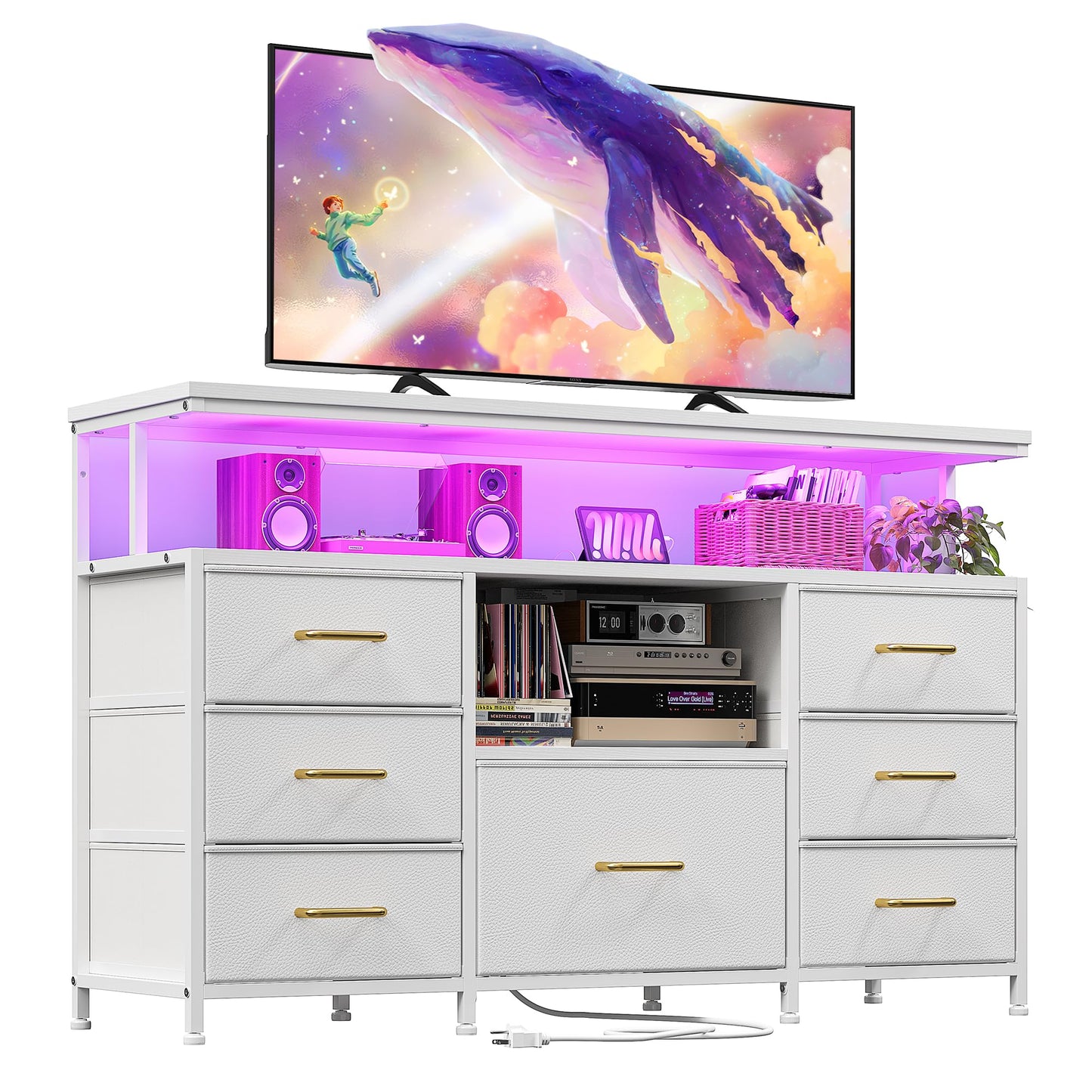 EnHomee Dresser TV Stand for Bedroom with LED Lights & power outlets for 55" TV Stand Dresser for Bedroom Entertainment Center with 7 Fabric Drawers and Wood Shelves for Living Room, White - WoodArtSupply