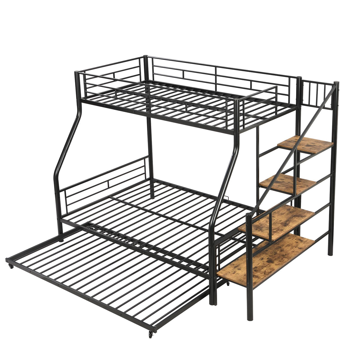 Twin Over Full Metal Bunk Beds with Trundle,Heavy-Duty Metal Bunk Bed Frame with Storage Staircase for Kids,Teens,Adults,Space-Saving,Black Bellemave