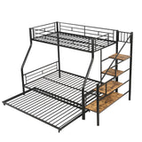 Twin Over Full Metal Bunk Beds with Trundle,Heavy-Duty Metal Bunk Bed Frame with Storage Staircase for Kids,Teens,Adults,Space-Saving,Black Bellemave
