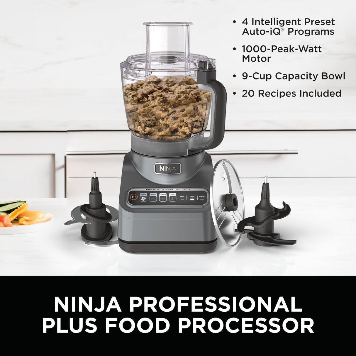 Ninja Food Processor, Professional Plus, 1000 Peak Watts, 4 Functions for Chopping, Slicing, Purees & Dough with 9-Cup Processor Bowl, 3 Blades, Food Chute & Pusher, Silver, BN601 Ninja