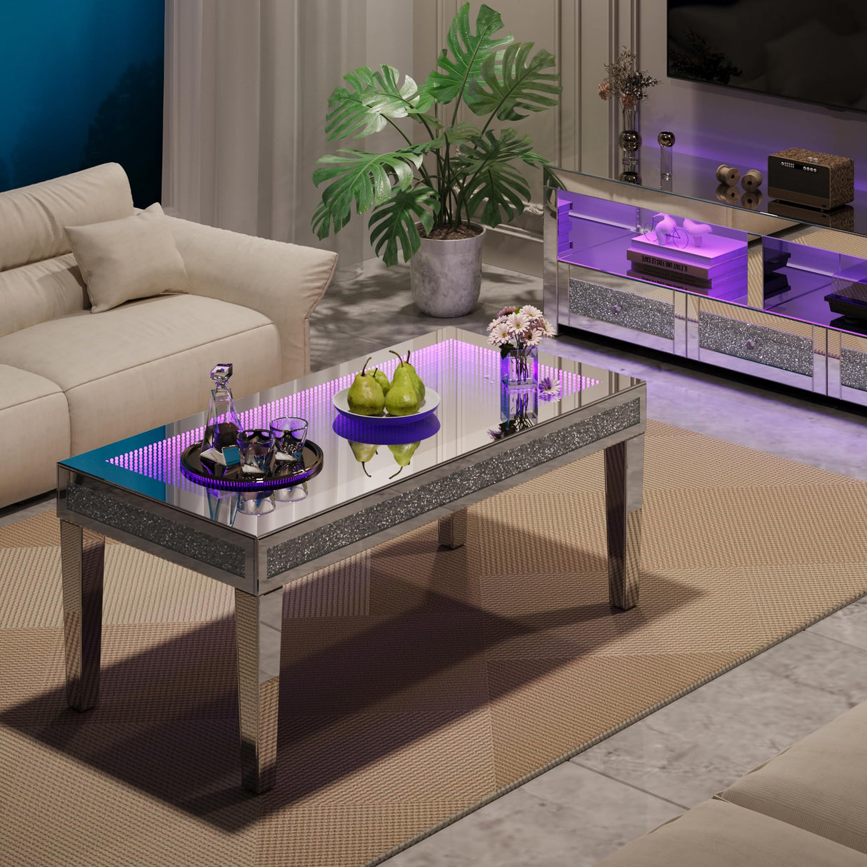 Alohappy Mirrored Coffee Table with Lasagna Light, Glass Rectangle Coffee Tea Table with Crushed Diamond for Living Room, Tempered Glass Silver Coffee Table for Bar, Game Room Decor Alohappy