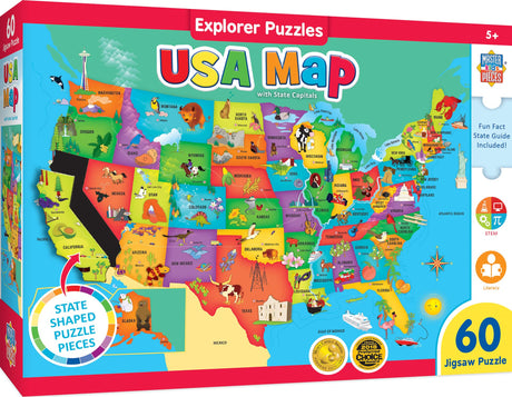 MasterPieces 60 Piece Educational Jigsaw Puzzle for Kids - USA Map State Shaped - 16.5"x12.75" Masterpieces