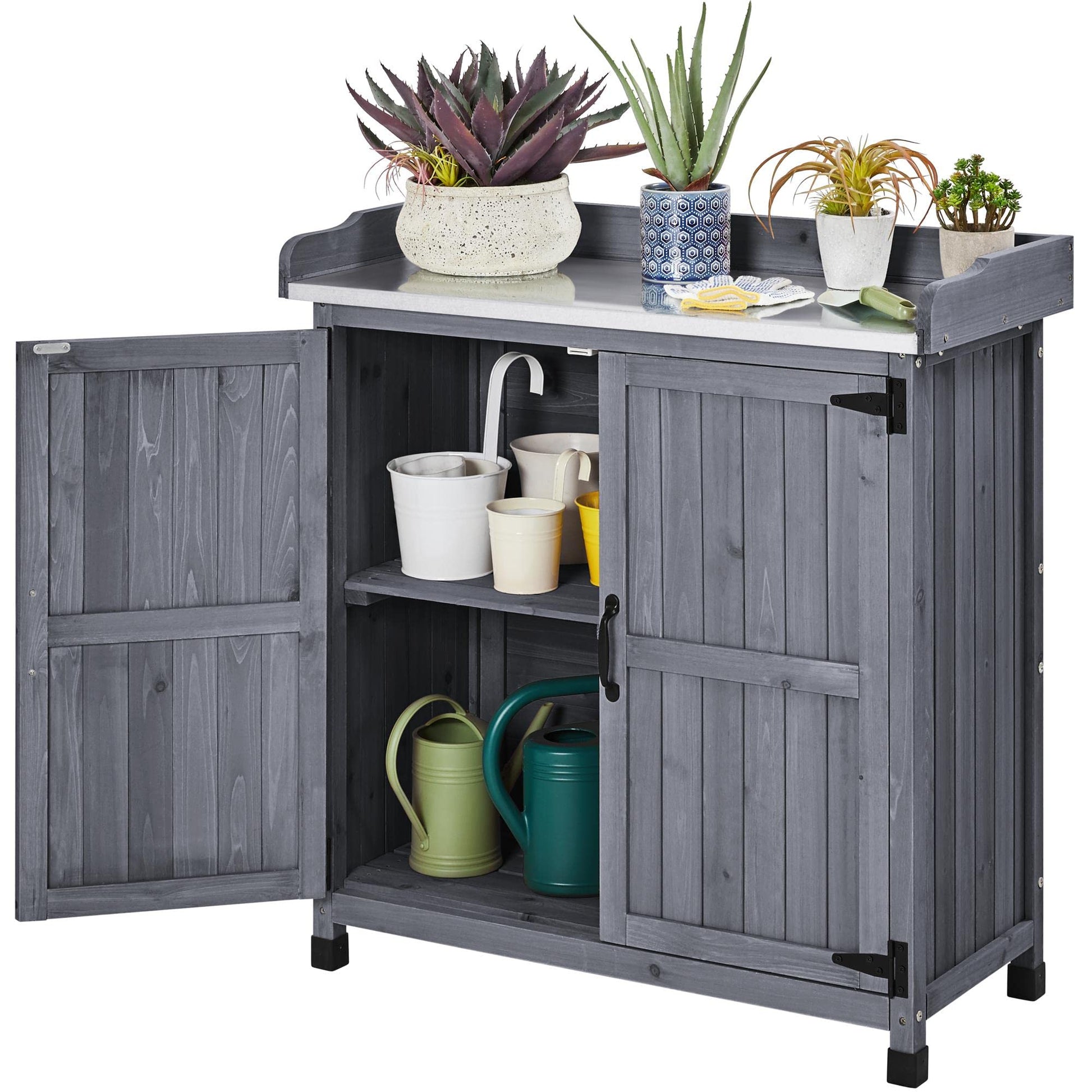 Topeakmart Potting Bench Table - Wooden Storage Cabinet with Removable Shelf & Flexible Space & Metal-Plated Tabletop for Outdoor Garden Patio, Gray - WoodArtSupply