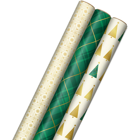Hallmark Elegant Christmas Wrapping Paper with Cut Lines on Reverse (3 Rolls: 120 sq. ft. ttl) Gold Trees, Emerald Green Plaid, Gold Geometric Snowflakes Hallmark