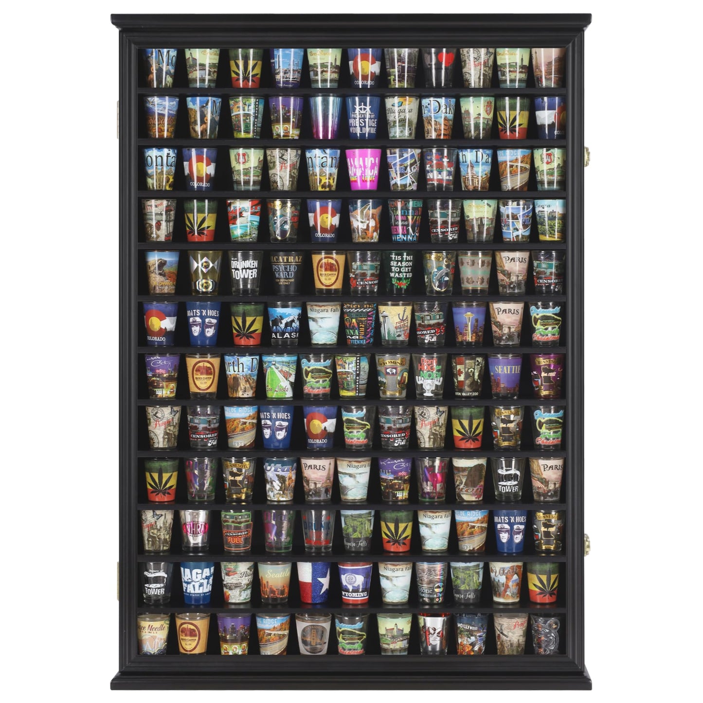 Large 144 Shot Glass Display Case Rack Solid Wood Cabinet Holder Wall Curio Cabinet Shadow Box for Action Figures Small Figurines - Lockable with UV - WoodArtSupply