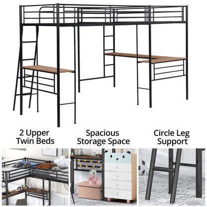 INCLAKE L-Shaped Twin Loft Bed with Dual Desks, Heavy-Duty Metal Frame, Safety Guard Rails, Black - WoodArtSupply