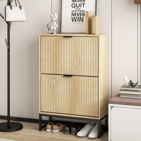 Lisicues Shoe Cabinet Storage for Entryway, Modern Slim Shoe Organizer, Tipping Shoe Cabinet with 2 Flip Drawers Fluted Panel, Narrow Shoe Rack for Living Room (Wood) Lisicues