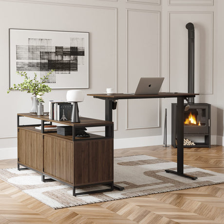 FEZIBO 66 Inch Executive L Shaped Standing Desk with 2-Drawer File Cabinet, Electric Height Adjustable Stand up Desk, Home Office Modern Wood Computer Desk with Shelves, Black Frame/Dark Walnut Top FEZIBO