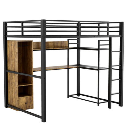 Metal Full Size Loft Bed with Desk,Heavy Duty Loft Bed with Wardrobe and Storage Shelves,Loft Bed Full Size with Drawers, Black Loft Bed for Kids,Teens,Adults