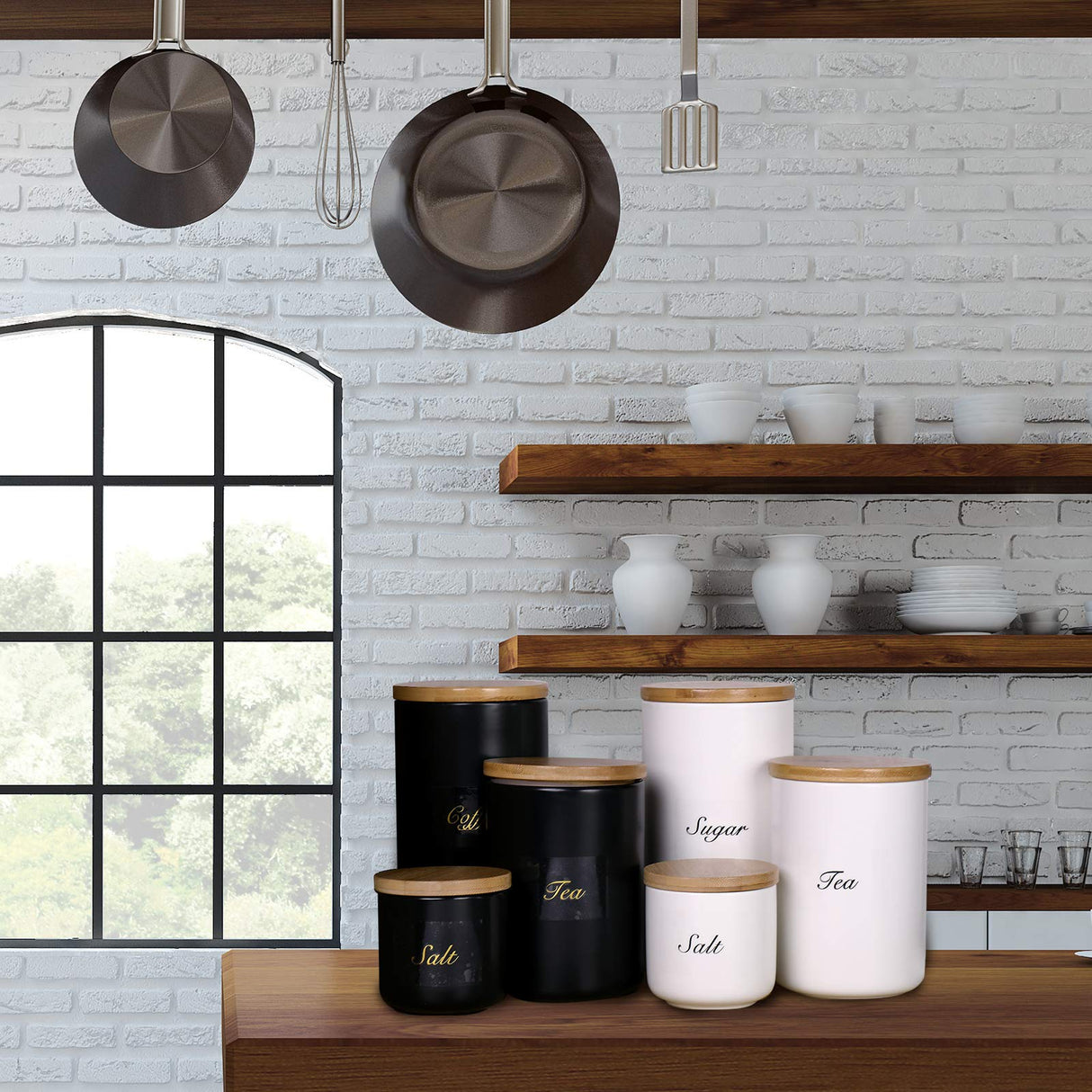 Yangbaga Black Canisters Sets for Kitchen-Set of 3 Coffee Canisters for Countertop with Airtight Wood Lids/Spoons/Stickers, Ceramic Food Storage Containers for Large Suger,Coffee,Tea (42/30/9OZ) Yangbaga